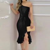 Vestido Feminino Sexy Ombro Único com Babados - Perfeito para Festas e Réveillon