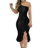 Vestido Feminino Sexy Ombro Único com Babados - Perfeito para Festas e Réveillon