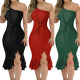 Vestido Feminino Sexy Ombro Único com Babados - Perfeito para Festas e Réveillon