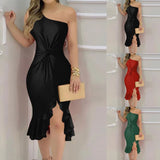 Vestido Feminino Sexy Ombro Único com Babados - Perfeito para Festas e Réveillon